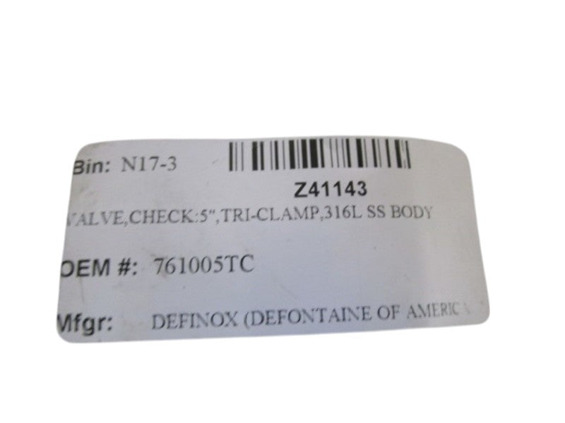 DEFINOX TRI-CLAMP 316L SS BODYE CHECK:5" VALVE 761005TC  NSNP
