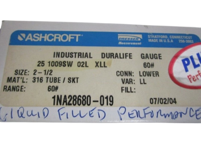 ASHCROFT 251009SW02LXLL-60# PRESSURE GAUGE 0-60 PSI  NSMP