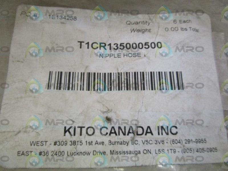 LOT OF 6 KITO NIPPLE HOSE T1CR135000500 NSNP IN BAG