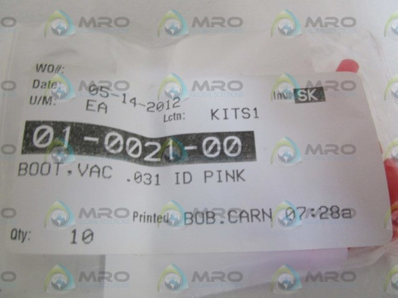 LOT OF 10 BOOT, VAC .031 ID PINK 01-0021-00 NSNP IN BAG
