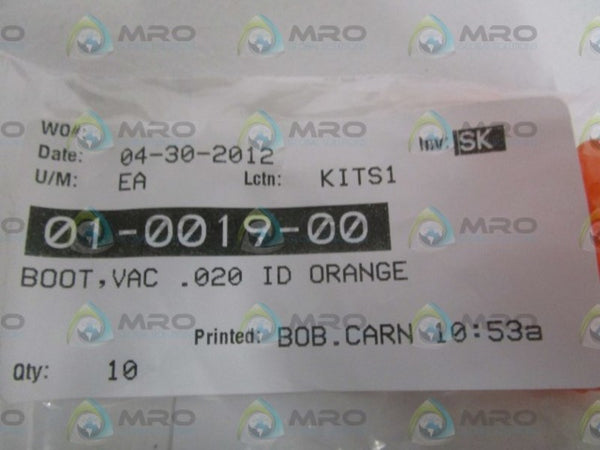 LOT OF 10 BOOT, VAC .020 ID ORANGE 01-0019-00 NSNP IN BAG