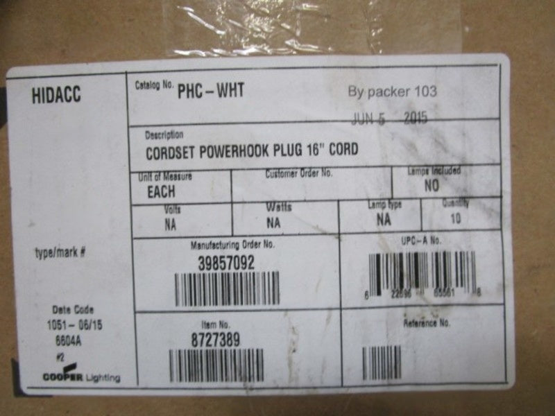 LOT OF 9 COOPER CORDSET POWERHOOK PLUG 16" CORD PHC-WHT NSMP
