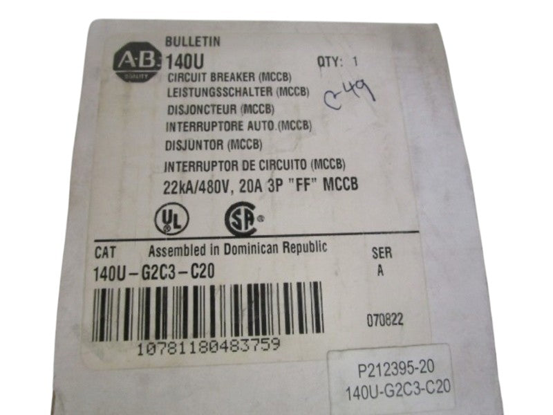 ALLEN BRADLEY 140U-G2C3-C20 SER. A CIRCUIT BREAKER 20A  NSMP