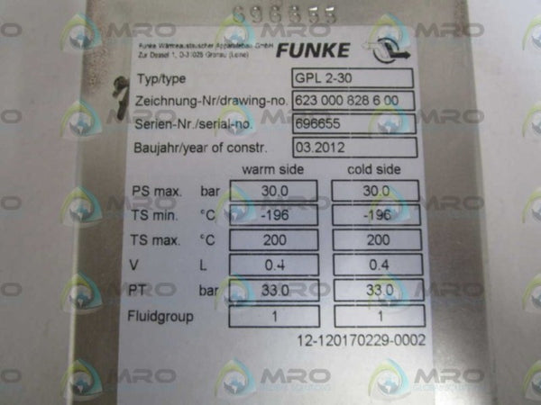 FUNKE PLATE HEAT EXCHANGER  GPL 2-30  NSNP