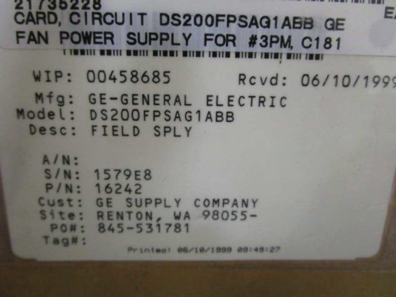GENERAL ELECTRIC DS200FPSAG1ABB PC BOARD ASSY FAN POWER SUPPLY NSMP