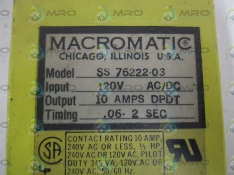 MACROMATIC SS76222-03 TIME DELAY RELAY 120V .06-2SEC UNMP