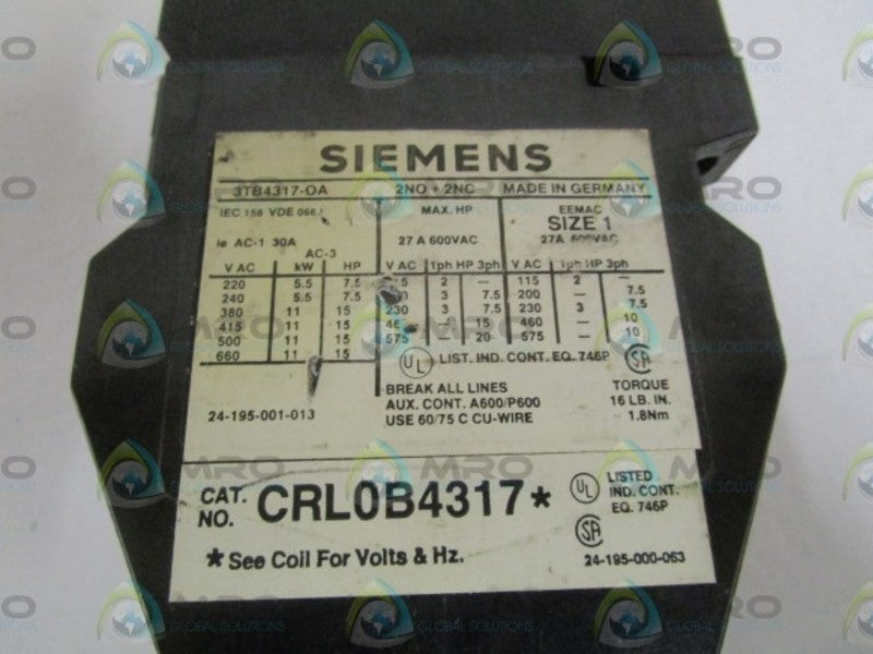 SIEMENS 3TB4317-0AC1 24V CONTACTOR UNMP
