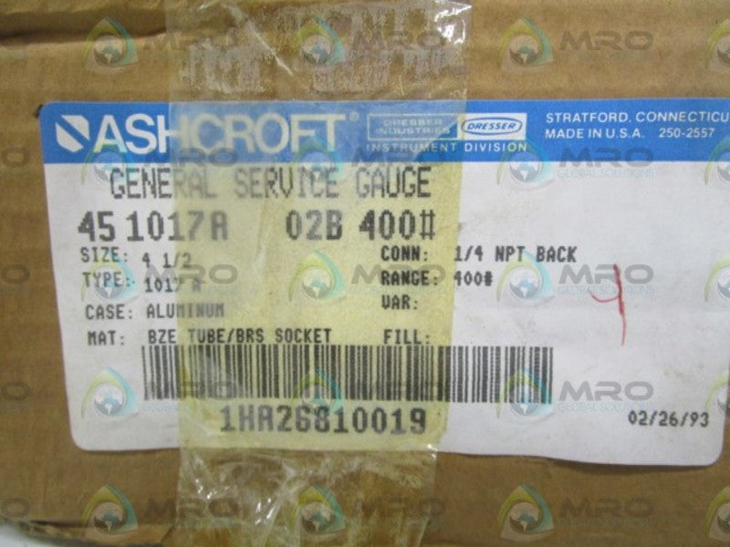 ASHCROFT 451017A02B-400# PRESSURE GAUGE 0-400 PSI  NSMP