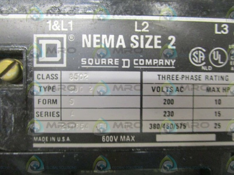 SQUARE D 8502-SDG2 SER. A CONTACTOR 220/240V UNMP