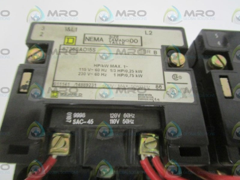 SQUARE D 8736SAO15S SER. B REVERSING CONTACTOR SIZE 00 UNMP