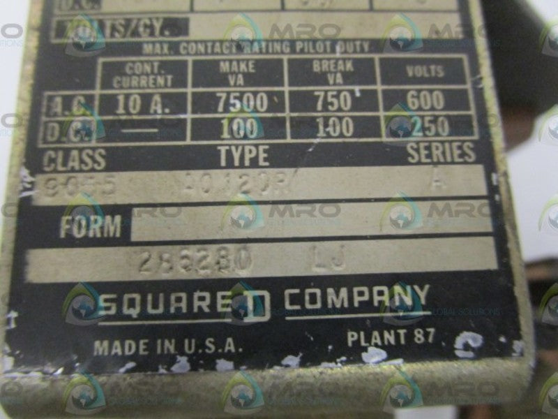 SQUARE D 9055-A0120R SER. A DASHPOT RELAY MAGNETIC CURRENT UNMP