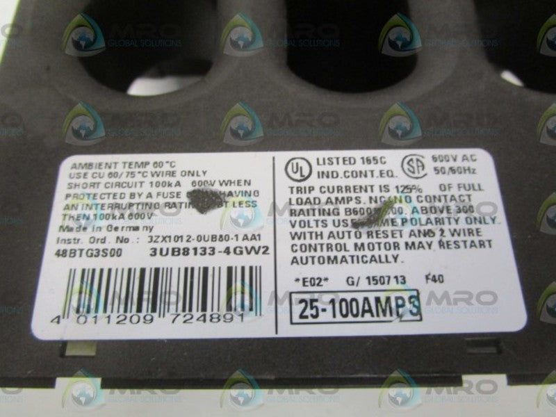 SIEMENS 3UB8133-4GW2 OVERLOAD RELAY 25-100AMPS (AS PICTURED)  UNMP