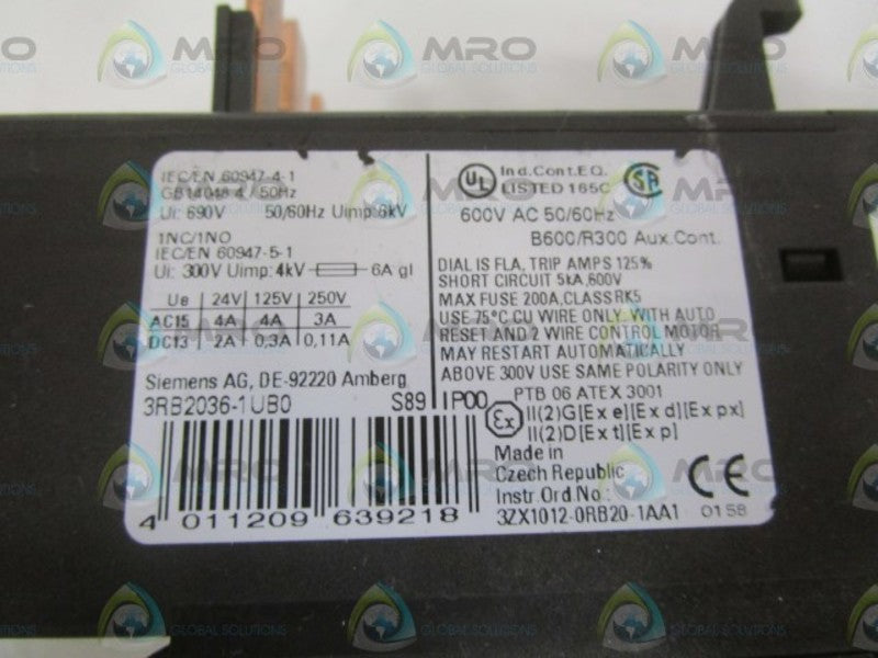 SIEMENS 3RB2036-1UB0 OVERLOAD RELAY (AS PICTURED) UNMP