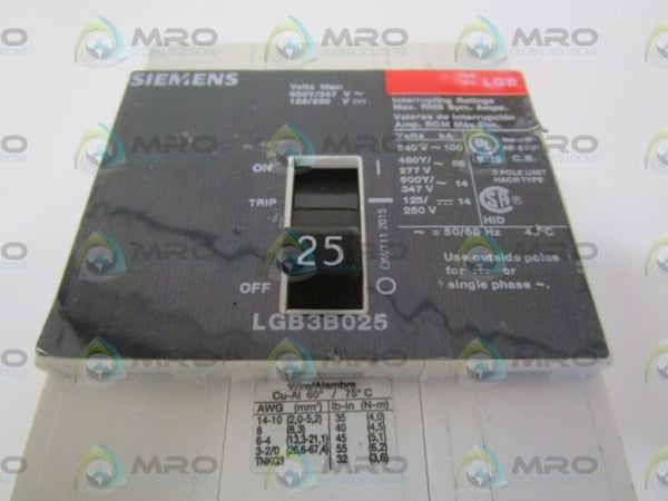 SIEMENS LGB3B025 CIRCUIT BREAKER 25A NSNP