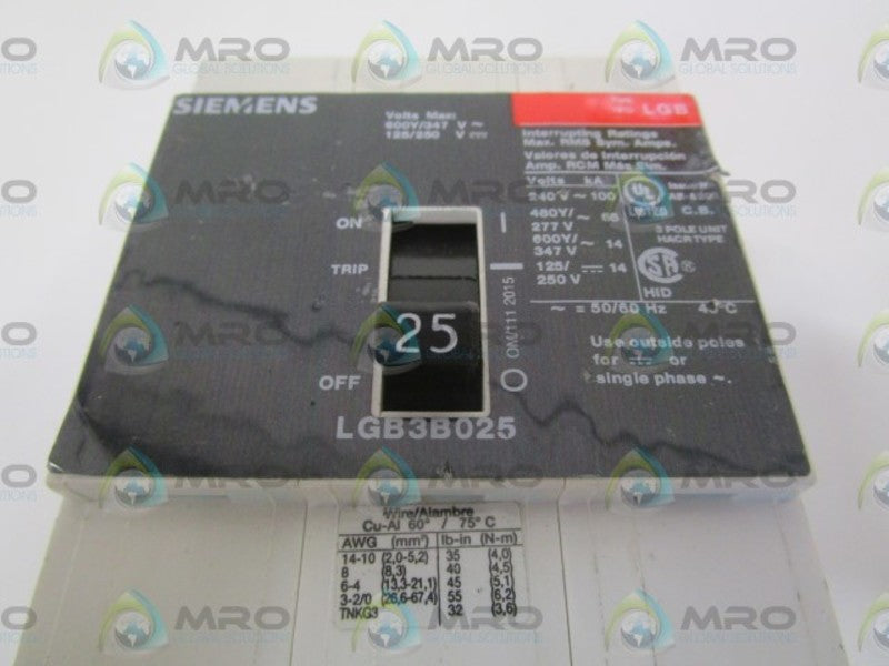 SIEMENS LGB3B025 CIRCUIT BREAKER 25A NSNP