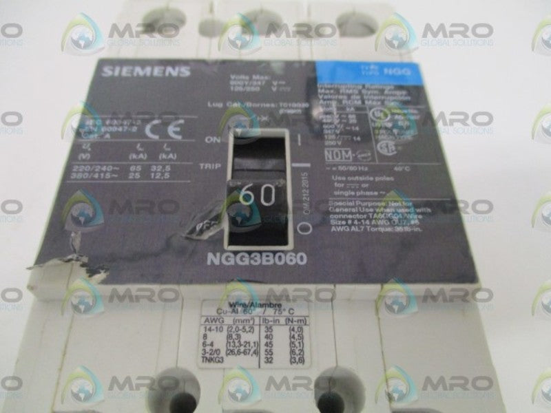 SIEMENS NGG3B060 CIRCUIT BREAKER 60A UNMP