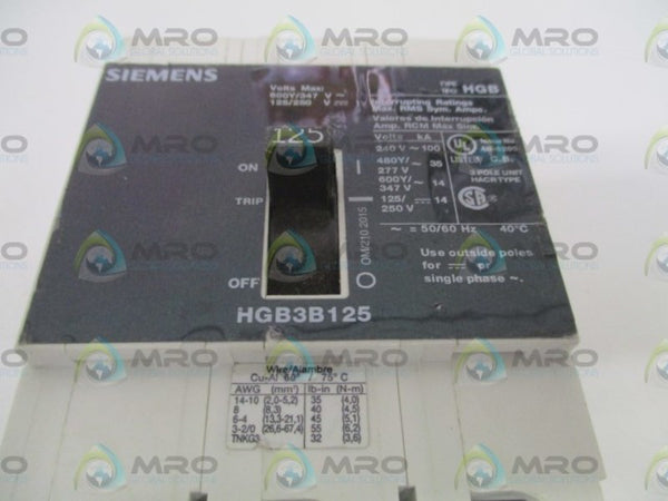 SIEMENS HGB3B125B CIRCUIT BREAKER 125A (CRACKED) UNMP