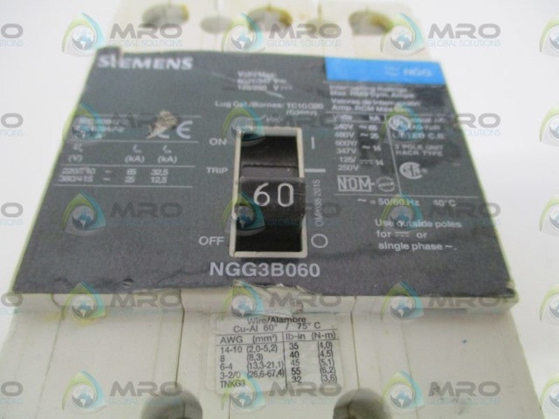SIEMENS NGG3B060L CIRCUIT BREAKER 60A (CHIPPED) UNMP