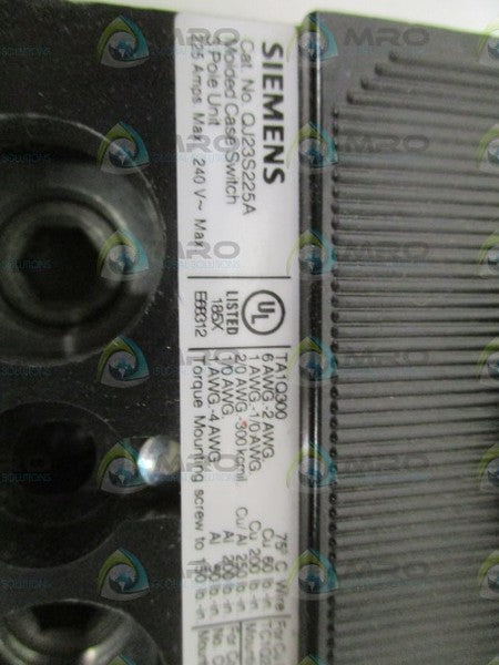 SIEMENS QJ23S225A01S09EE CIRCUIT BREAKER W/ SHUNT TRIP 225A NSNP