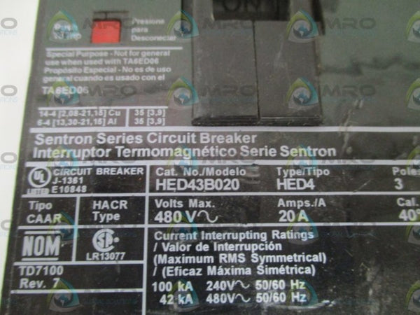 SIEMENS HED43B020 CIRCUIT BREAKER 20A (CHIPPED) UNMP