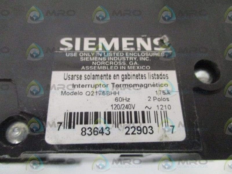 SIEMENS Q2175BHH CIRCUIT BREAKER 175A NSNP
