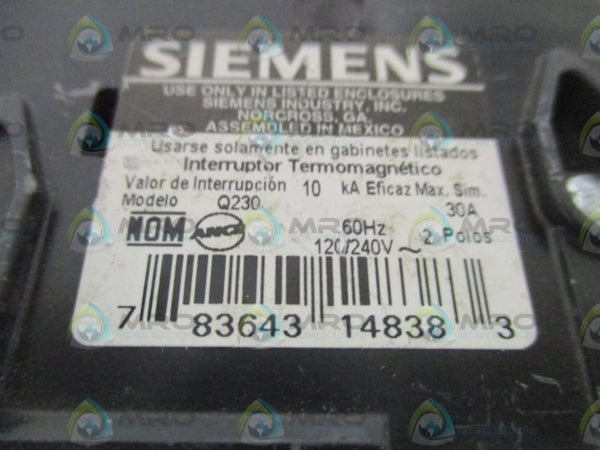 SIEMENS Q230 CIRCUIT BREAKER 30A (AS PICTURED) UNMP