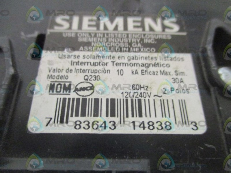 SIEMENS Q230 CIRCUIT BREAKER 30A (AS PICTURED) UNMP