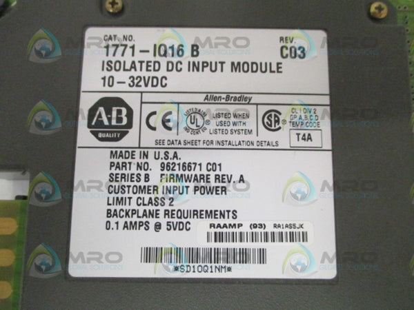 ALLEN BRADLEY 1771-IQ16 SER. B F/W A INPUT MODULE (REMANUFACTURED)