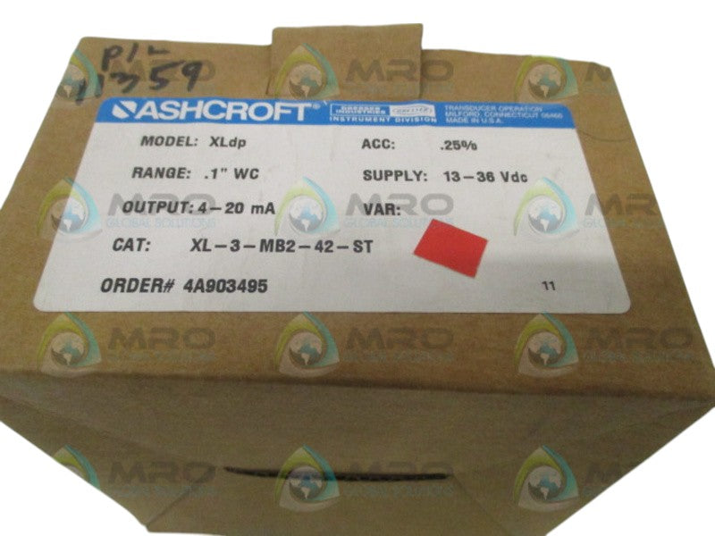 ASHCROFT XLdp XL-3-MB2-42-ST DIFF. PRESSURE TRANSMITTER .1" WC  NSMP