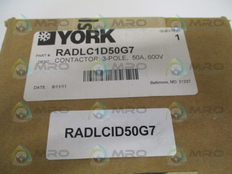 YORK RADLC1D50G7 CONTACTOR 3-POLE 50A 600V NSFS
