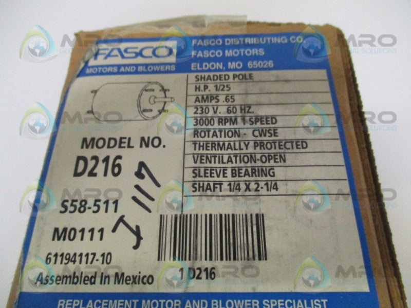 FASCO D216 BLOWER MOTOR 1/25 HP 3000RPM  NSFS