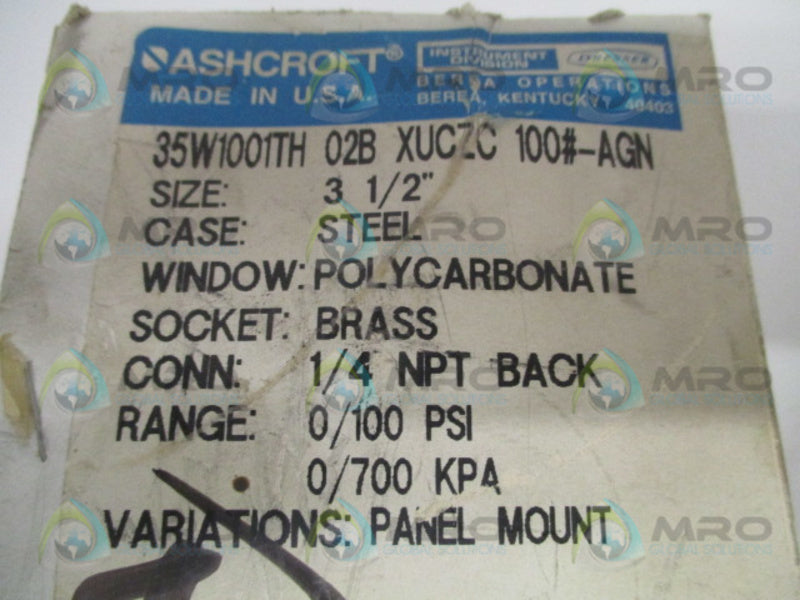 ASHCROFT 35W1001TH02BXUCZC-100#-AGN GAUGE 0-100 PSI 0-700 KPA  NSMP