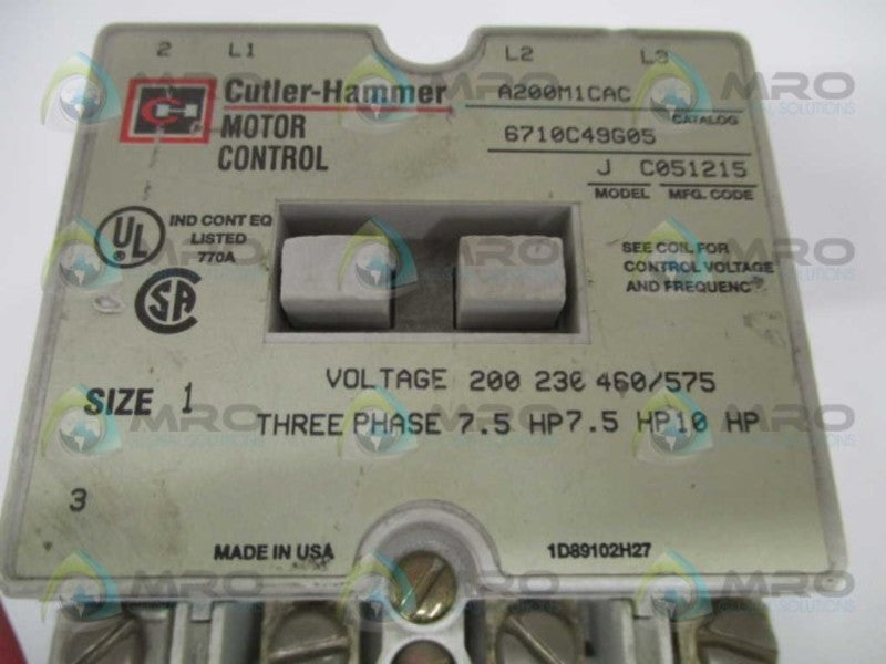 CUTLER HAMMER A200M1CAC MOTOR CONTROL STARTER  UNMP