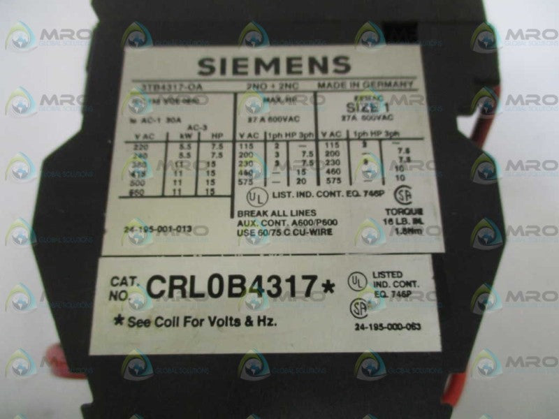 SIEMENS CRL0B4317 REVERSING CONTACTOR 24V UNMP