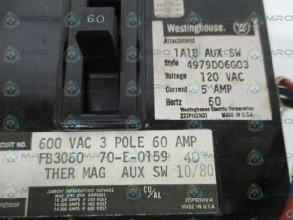 WESTINGHOUSE FB3060 CIRCUIT BREAKER 60A w/ 1A1B AUX SWITCH UNMP