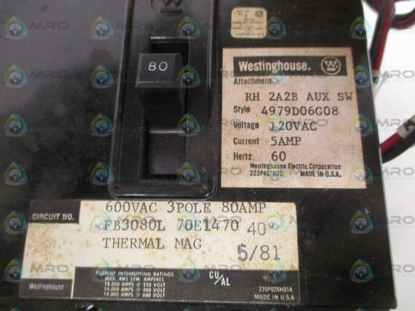 WESTINGHOUSE FB3080L CIRCUIT BREAKER 80A w/ 2A2B AUX SWITCH NSNP
