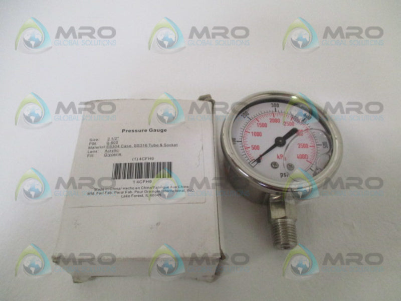 GRAINGER 4CFH9 PRESSURE GAUGE 0-600 PSI 0-4000 KPA NSMP