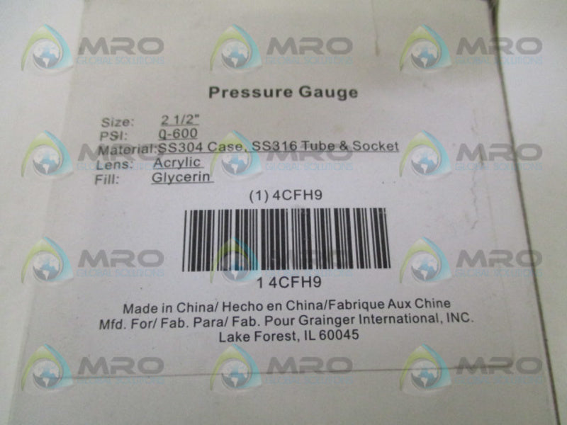 GRAINGER 4CFH9 PRESSURE GAUGE 0-600 PSI 0-4000 KPA NSMP