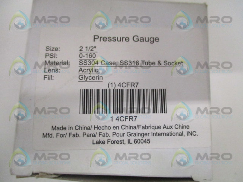 GRAINGER 4CFR7 PRESSURE GAUGE 0-160 PSI 0-1100 KPA NSMP