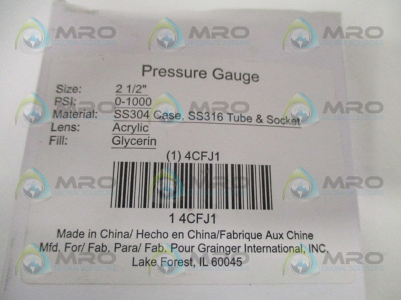 GRAINGER 4CFJ1  PRESSURE GAUGE 0-1000 PSI 0-7000 KPA NSMP