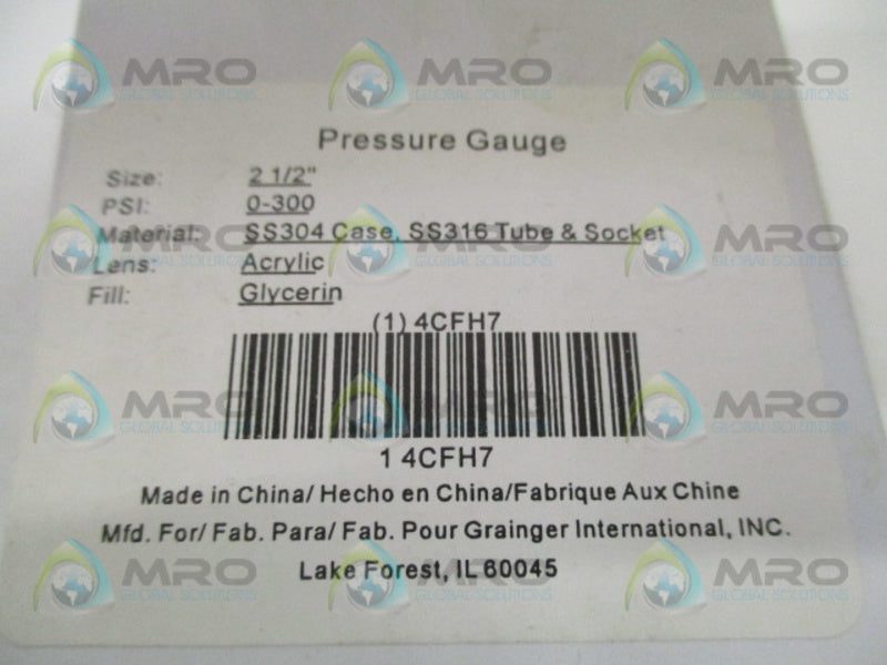 GRAINGER 4CFH7 PRESSURE GAUGE 0-300 PSI 0-2000 KPA NSMP