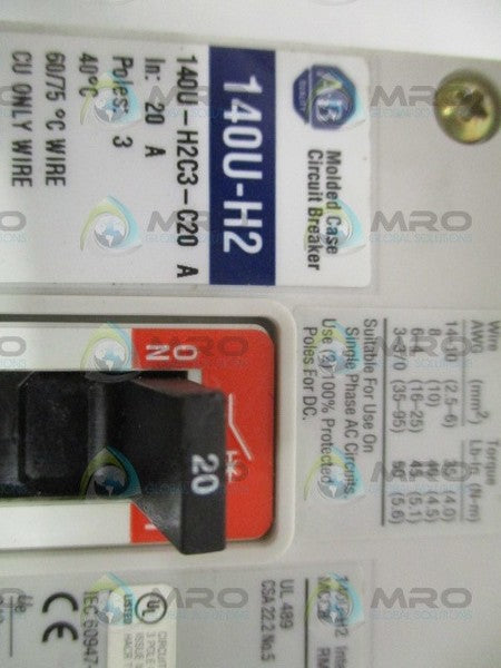 ALLEN BRADLEY 140U-H2C3-C20 SER. A CIRCUIT BREAKER 20A  UNMP