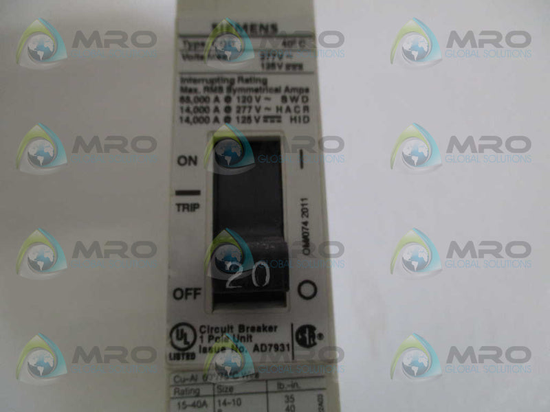 SIEMENS CQD120 CIRCUIT BREAKER 20A UNMP