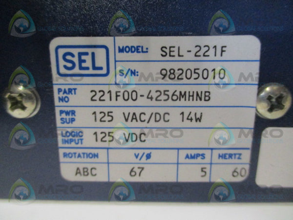 SEL SEL-221F 221F00-4256MHNB PHASE & GROUND DISTANCE RELAY UNMP