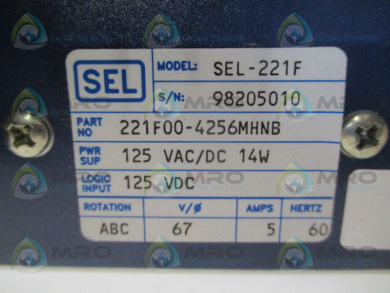 SEL SEL-221F 221F00-4256MHNB PHASE & GROUND DISTANCE RELAY UNMP