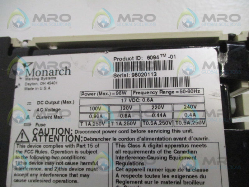 MONARCH PATHFINDER 6094-01 BATTERY CHARGER UNMP