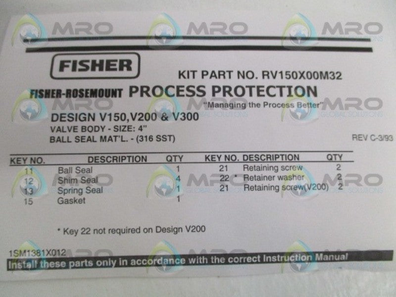 FISHER RV150X00M32 BALL VALVE REPAIR KIT NSMP