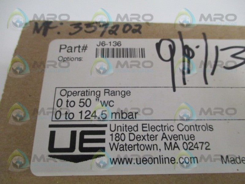 UNITED ELECTRIC J6-136 PRESSURE SWITCH 0-50 "WC NSMP