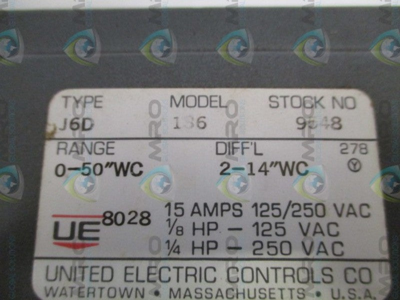 UNITED ELECTRIC J6D-136 9548 PRESSURE SWITCH 0-50 "WC NSNP