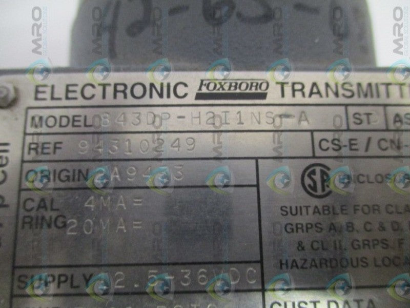 FOXBORO 843DP-H2I1NS-A ELECTRONIC TRANSMITTER UNMP